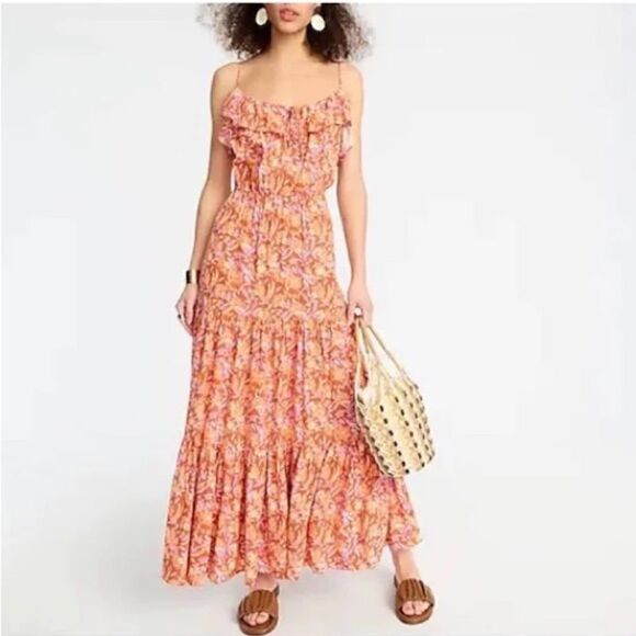 J. Crew Sleeveless Ruffle Floral Maxi Dress Orange Large - Picture 2 of 12